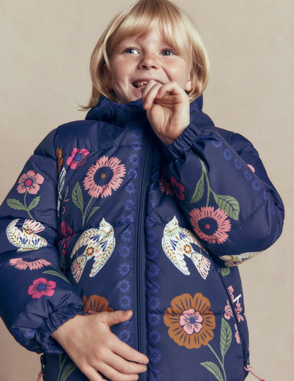 Fun Padded Coat-Navy Bird Placement Print