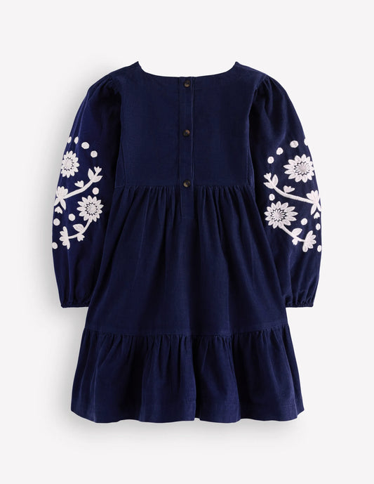 Celia Wing Sleeve Dress-Navy Corduroy Embroidery