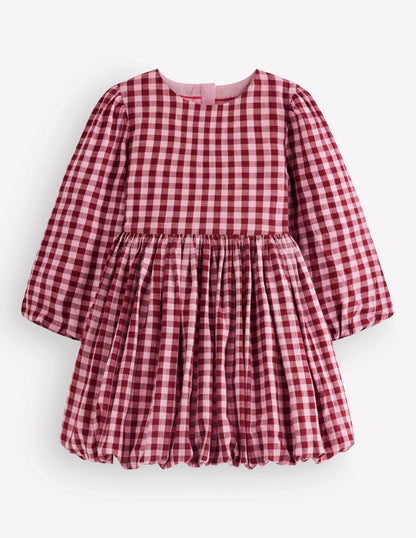 Long Sleeve Bubble Hem Dress-Red Check