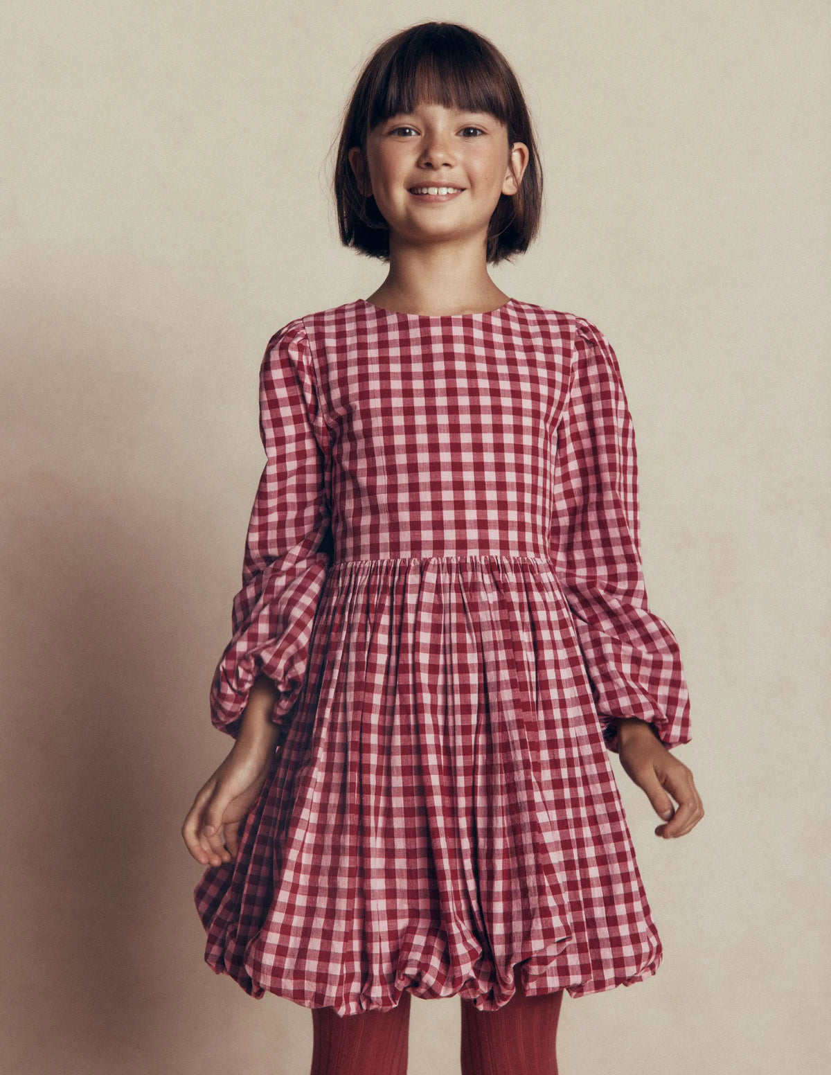 Long Sleeve Bubble Hem Dress-Red Check