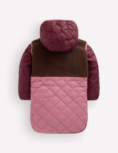 Longline Quilted Jacket-Maroon Banner Multi