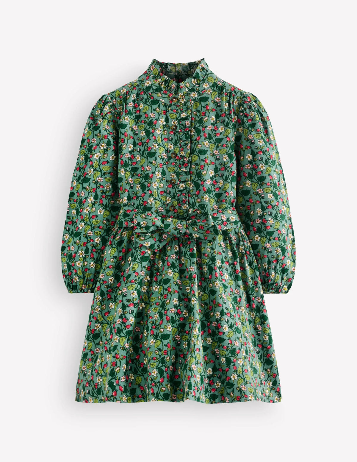 Maude Ruffle Shirt Dress-Green Berry Floral