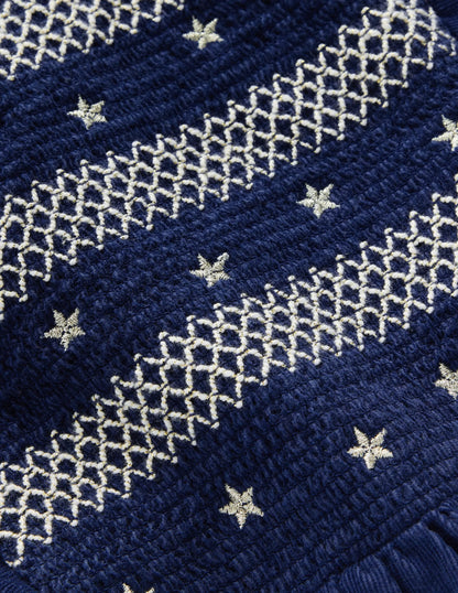 Smocked Corduroy Sparkle Dress-College Navy Stars