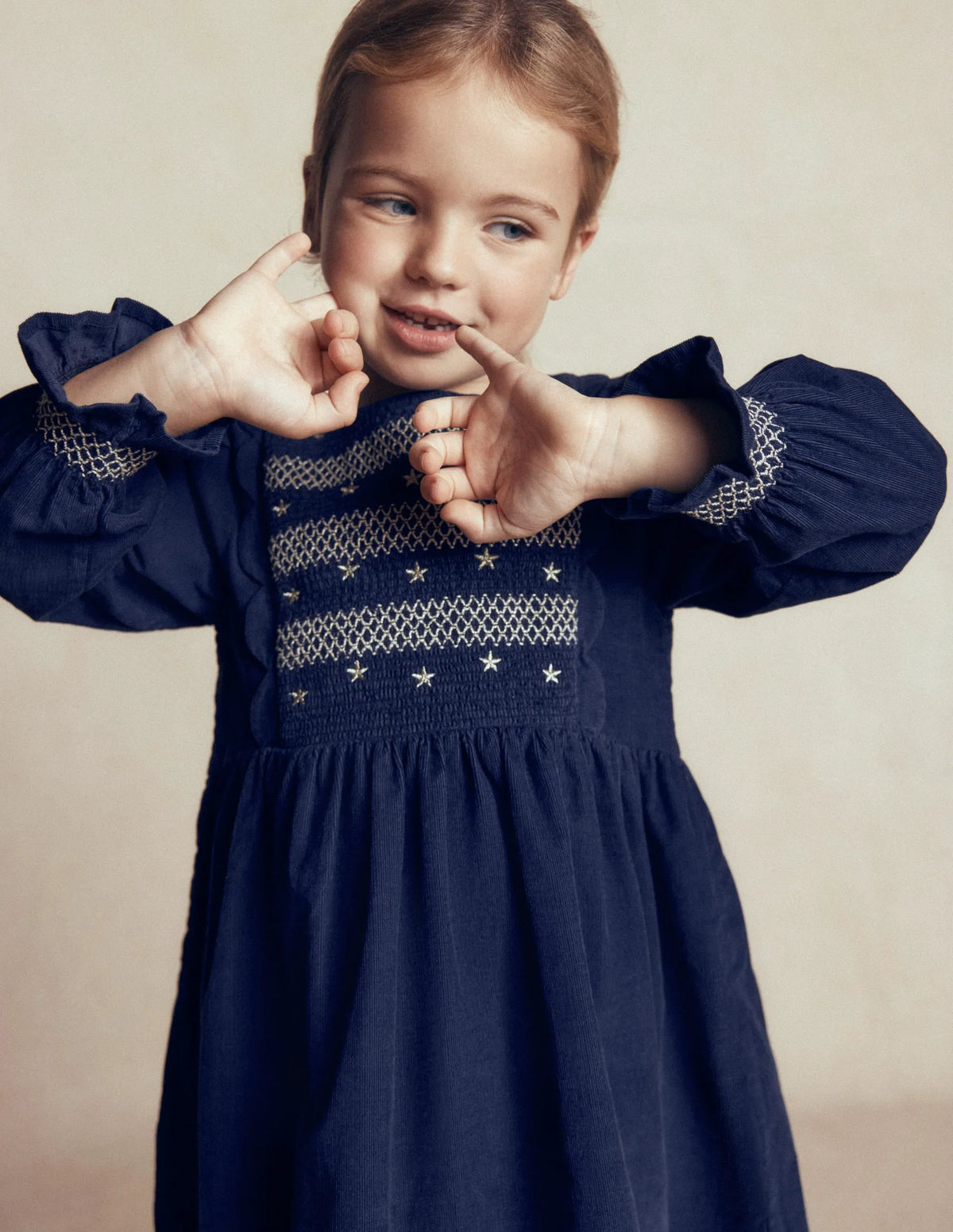 Smocked Corduroy Sparkle Dress-College Navy Stars