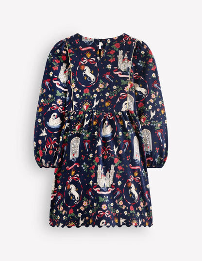 Mabel Twirly Sparkle Dress-Navy Castle Print