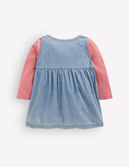 Embroidered Pinny Dress Set-Embroidered Chambray