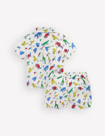 Woven Shirt Play Set-Ivory Multi Jungle Animals