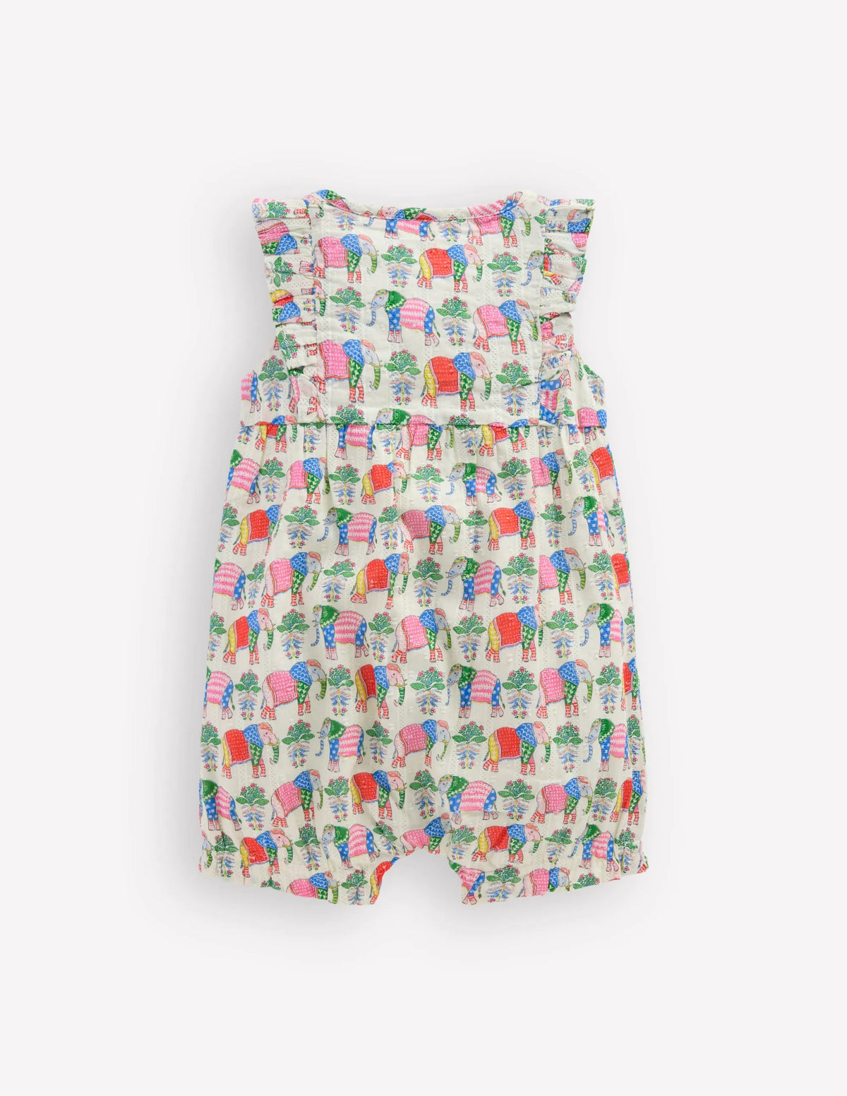 Short Frill Bubble Romper-Multi Elephant Woodblock