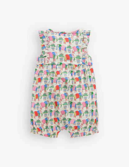 Short Frill Bubble Romper-Multi Elephant Woodblock