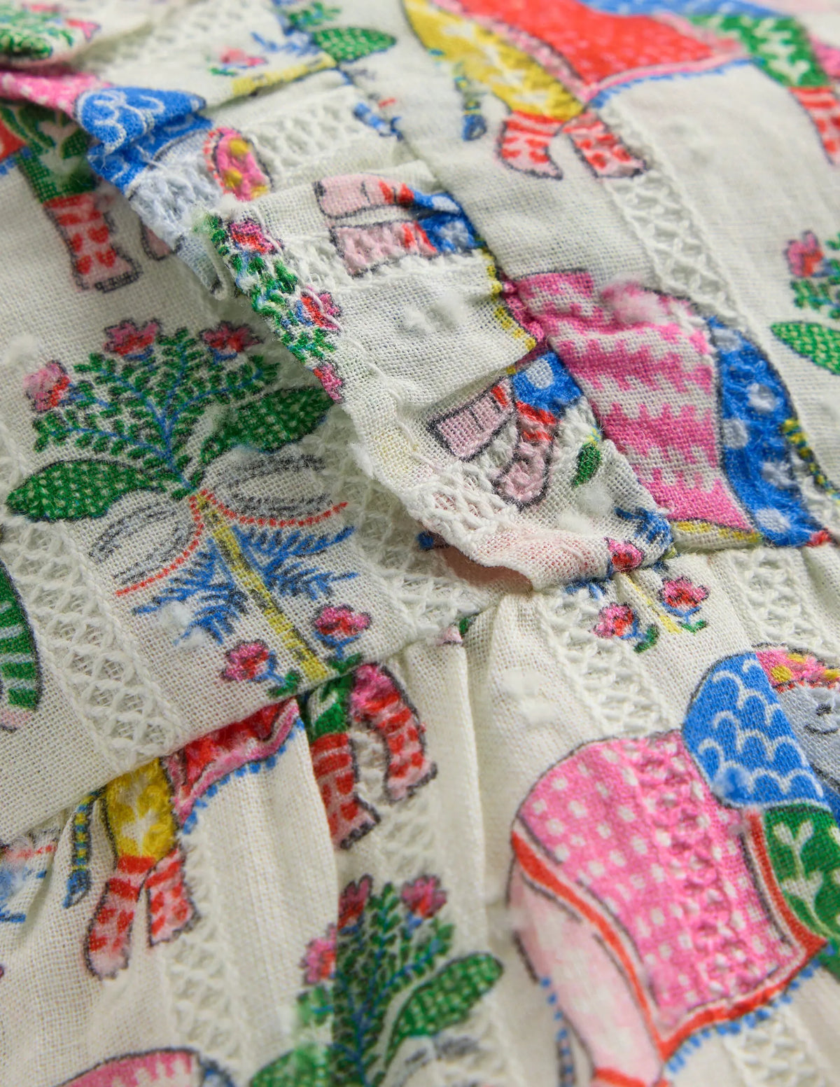 Short Frill Bubble Romper-Multi Elephant Woodblock