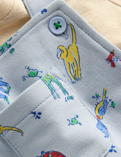 Jersey Short Dungaree Set-Blue Multi Jungle Animals
