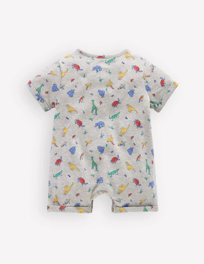 Short Sleeve Jersey Romper-Grey Marl Jungle Animals