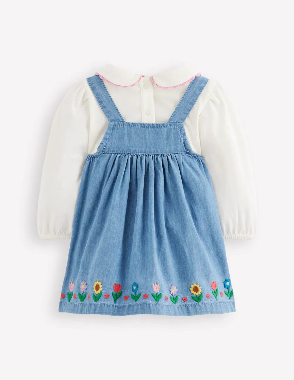 Embroidered Pinny Dress Set-Chambray Floral Embroidery