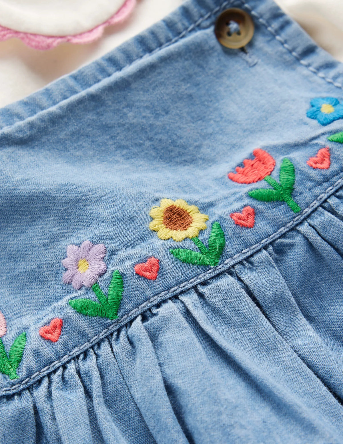 Embroidered Pinny Dress Set-Chambray Floral Embroidery