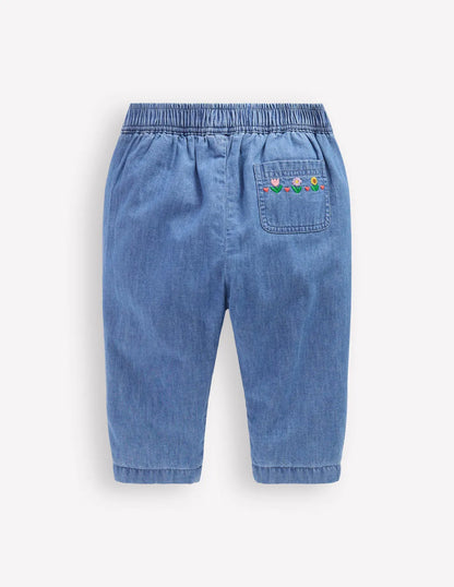 Embroidered Chambray Pants-Embroidered Denim
