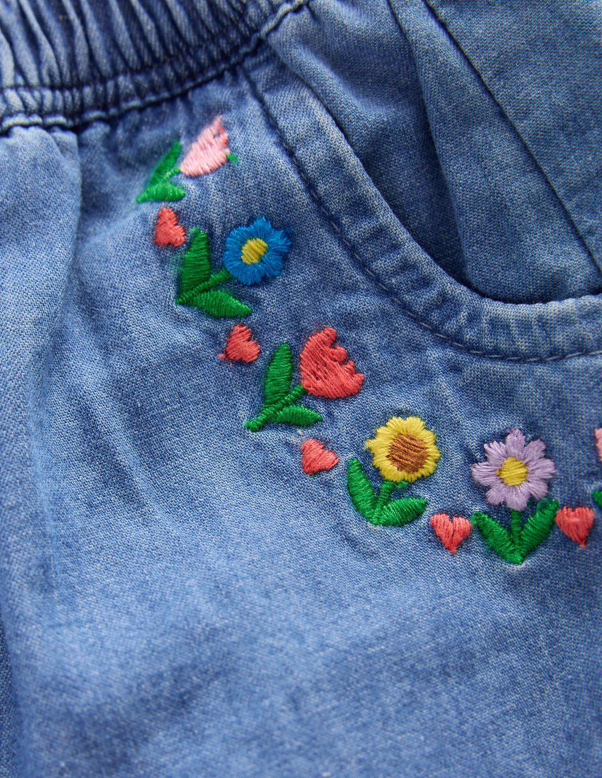 Embroidered Chambray Pants-Embroidered Denim