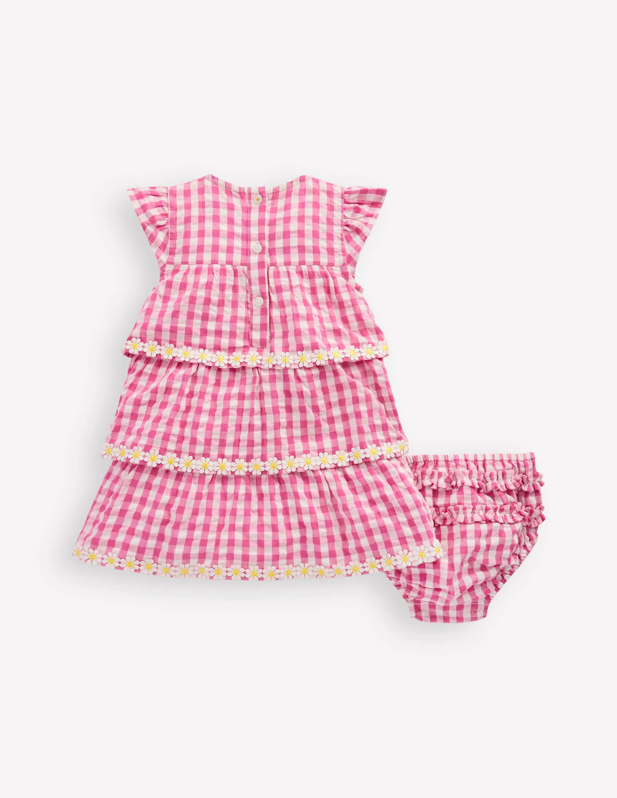 Tiered Woven Dress-Pink Gingham Daisies