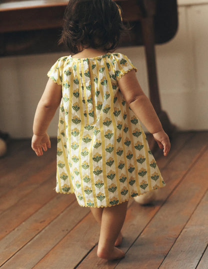 Floaty Shirred Dress-Yellow Flower Stem