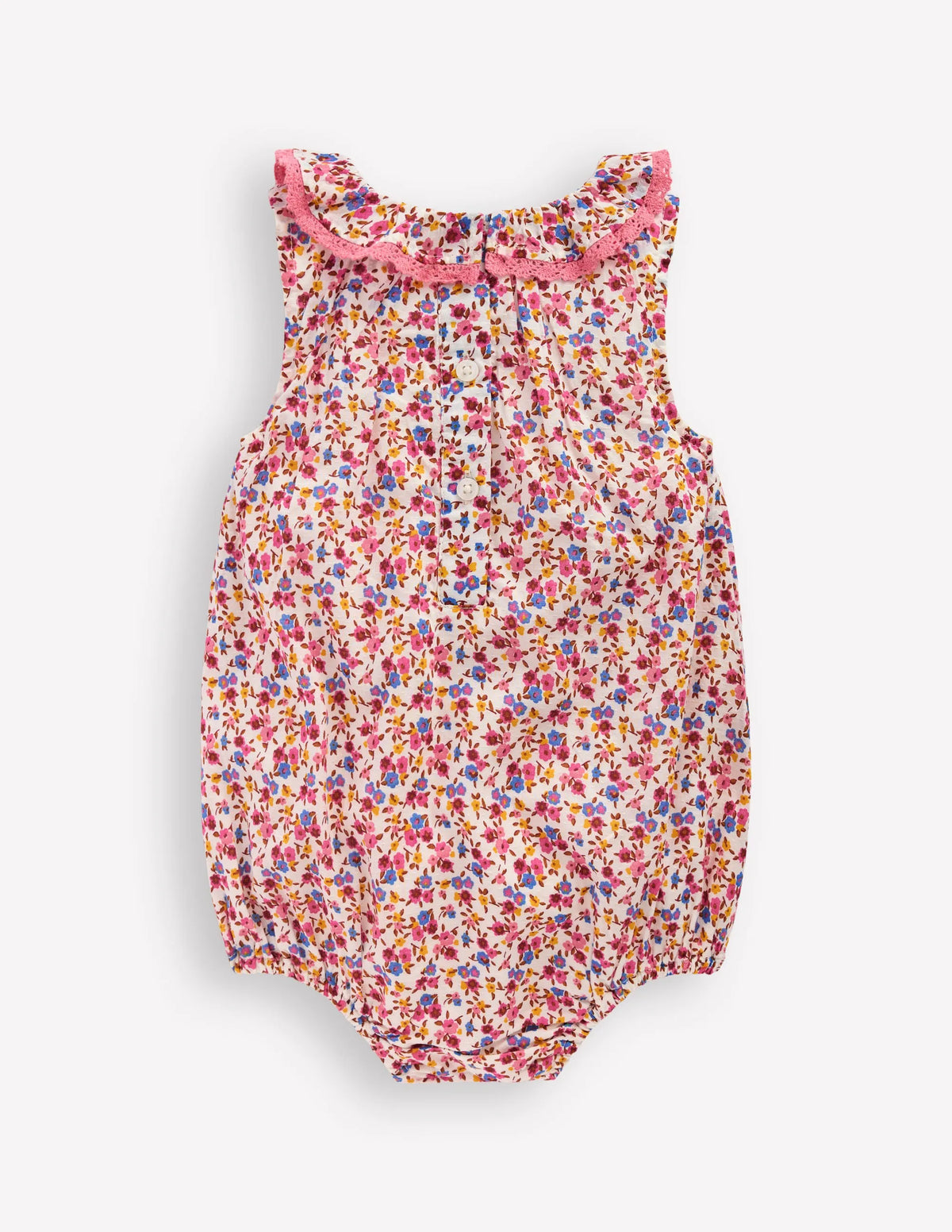 Frill Neck Bubble Romper-Pink Ditsy Floral