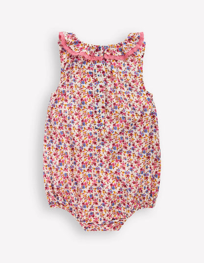 Frill Neck Bubble Romper-Pink Ditsy Floral