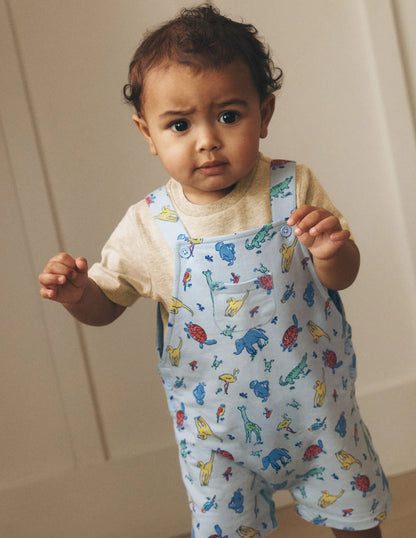 Jersey Short Dungaree Set-Blue Multi Jungle Animals