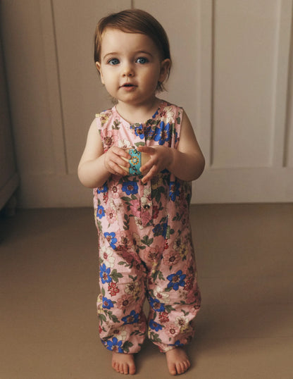 Button Down Romper-Mid Pink Floral