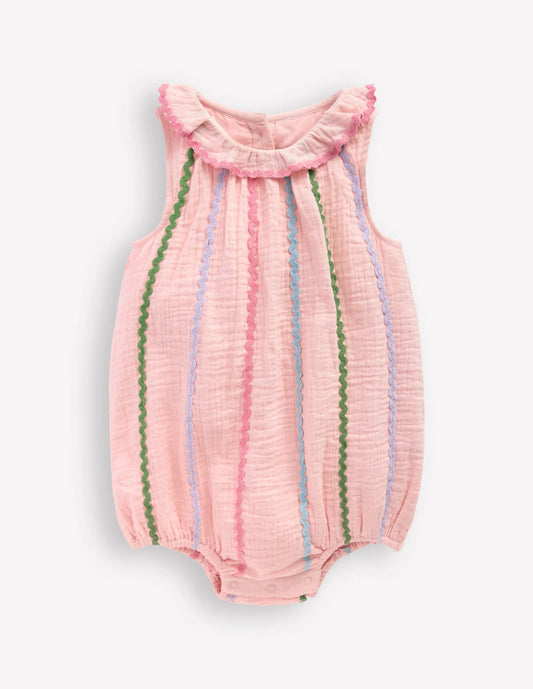 Double Cloth Bubble Romper-Chalk Pink Multi Ric Rac