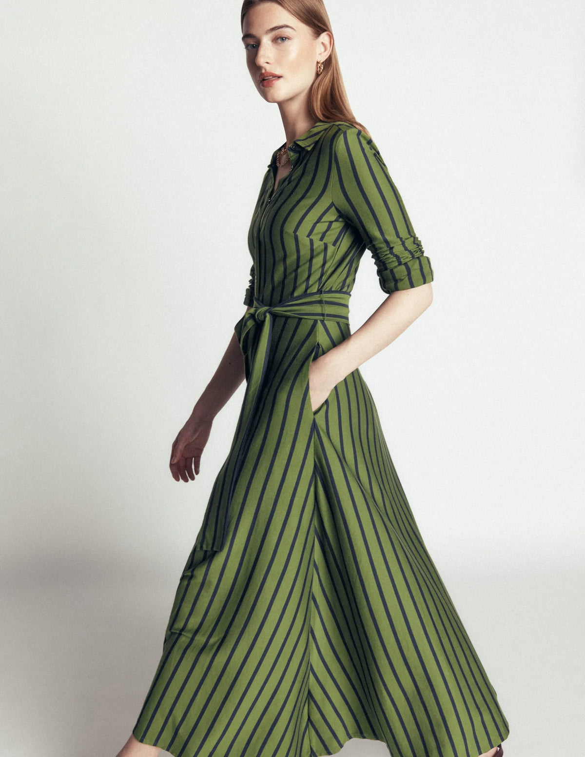 Marcia Jersey Shirt Dress-Chive and Navy Stripe