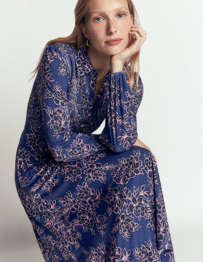 Smocked Jersey Dress-Denim Blue, Enchanted Peony