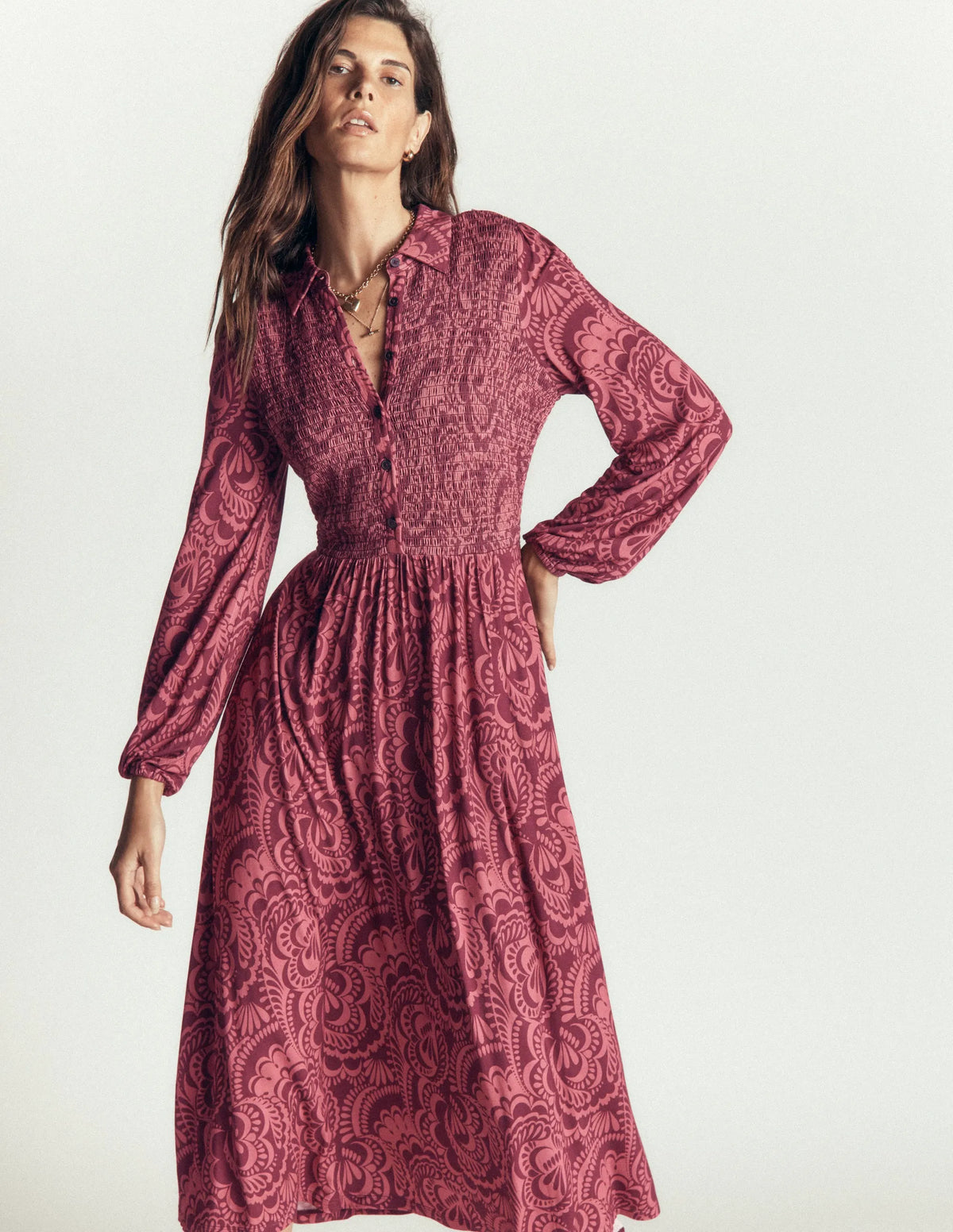 Smocked Jersey Dress-Maroon, Flourishing Medley