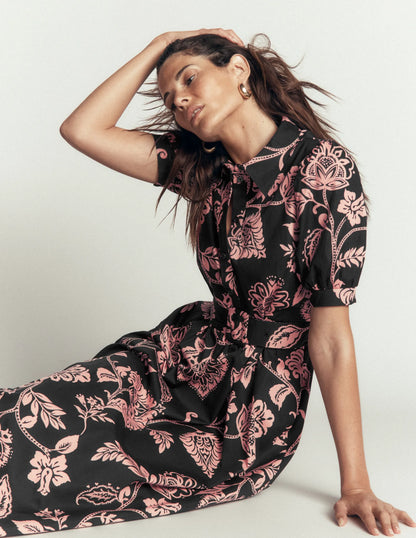 Belted Cotton Midi Dress-Black, Planted Meadows