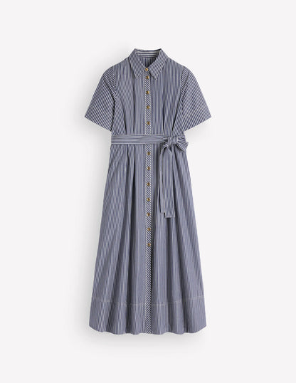 Sarah Cotton Midi Shirt Dress-Navy Ivory Fine Stripe