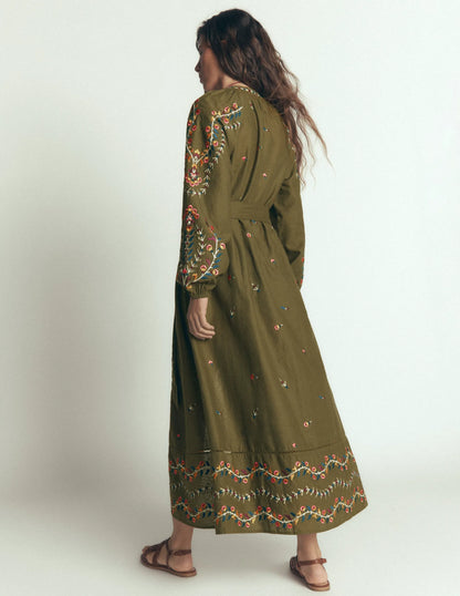 Embroidered Linen Dress-Woodland Green, Embroidery