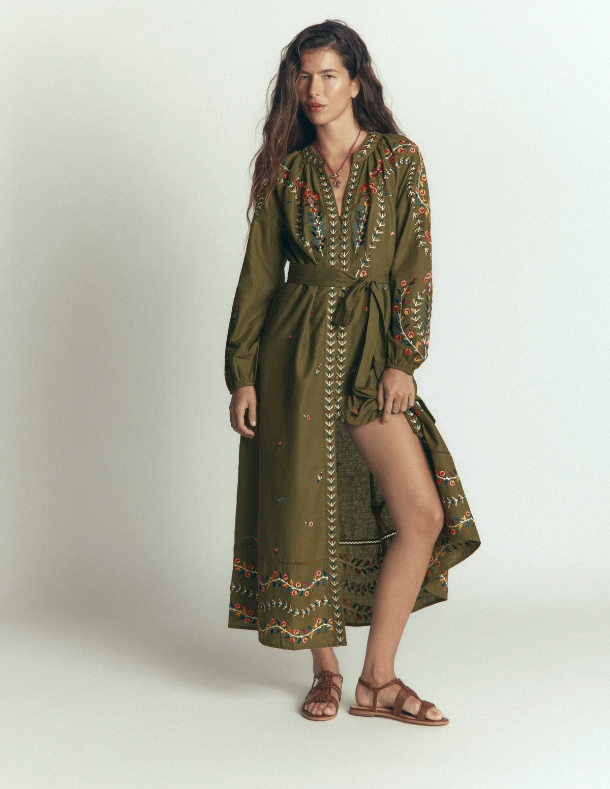Embroidered Linen Dress-Woodland Green, Embroidery
