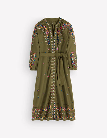Embroidered Linen Dress-Woodland Green, Embroidery