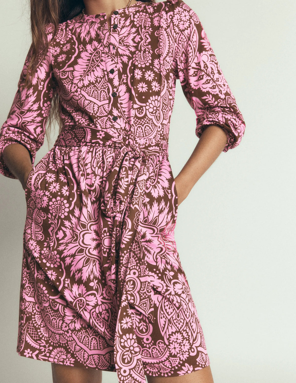 Adele Belted Jersey Dress-Raw Umber, Arabesque Meadows