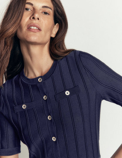 Button Front Stitch Dress-Navy