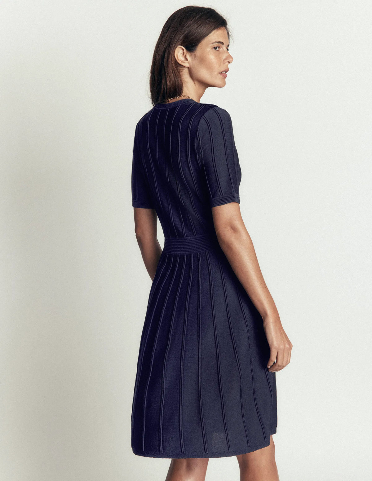 Button Front Stitch Dress-Navy