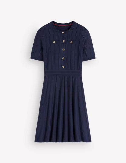 Button Front Stitch Dress-Navy