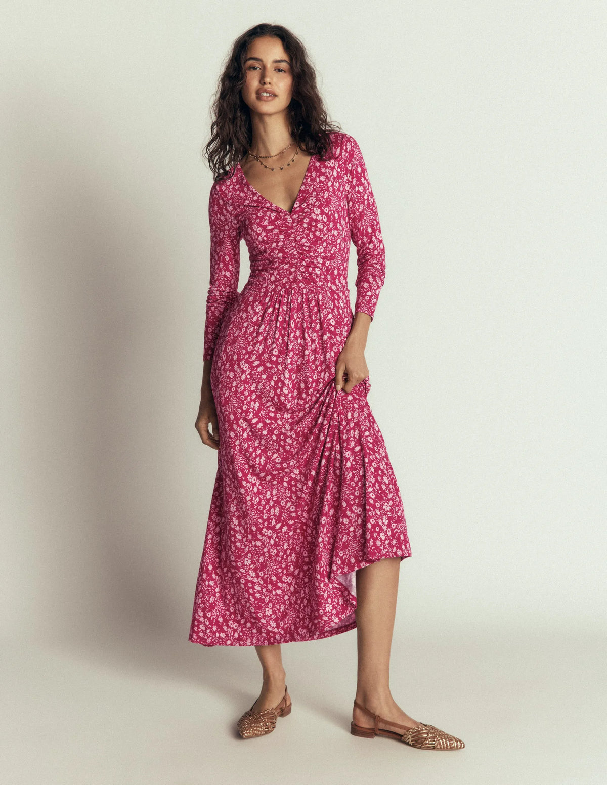 Jasmine Ruched Jersey Dress-Sweet Cherry, Scattered Flora