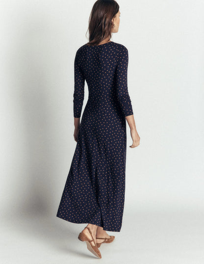 Jasmine Ruched Jersey Dress-French Navy, Painted Dot Space