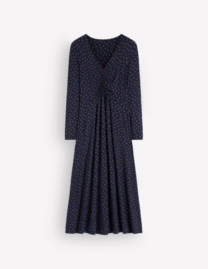 Jasmine Ruched Jersey Dress-French Navy, Painted Dot Space