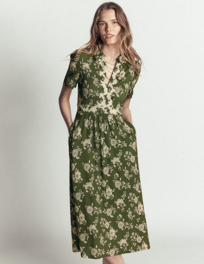 Heidi Jersey Midi Tea Dress-Olive, Floral Field Spaced