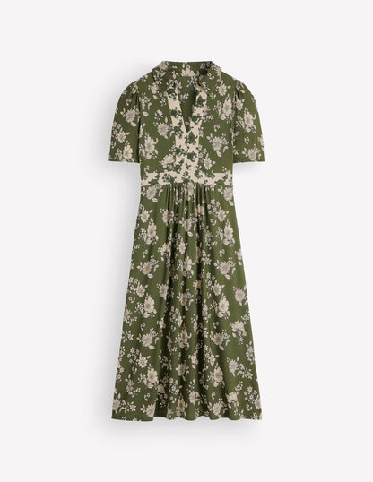 Heidi Jersey Midi Tea Dress-Olive, Floral Field Spaced