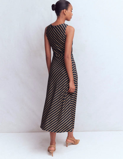 Asymetric Ponte Midi Dress-Navy and Camel Stripe
