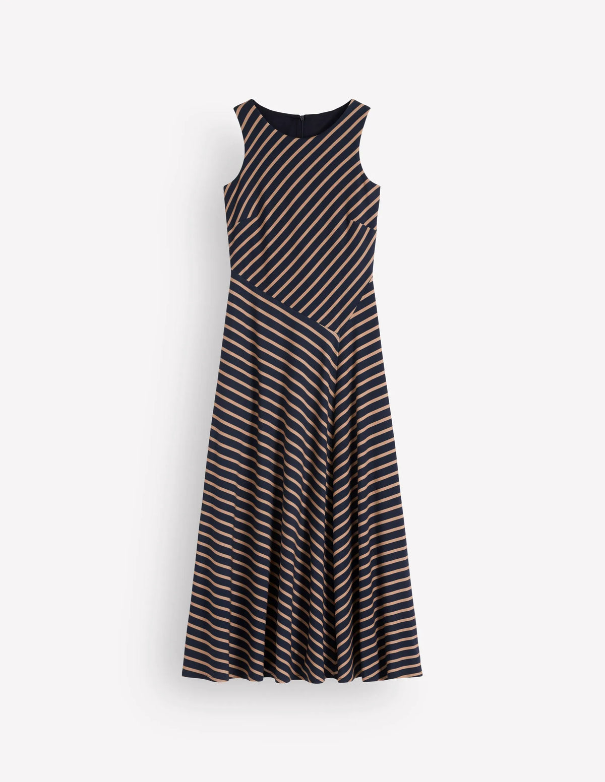 Asymetric Ponte Midi Dress-Navy and Camel Stripe