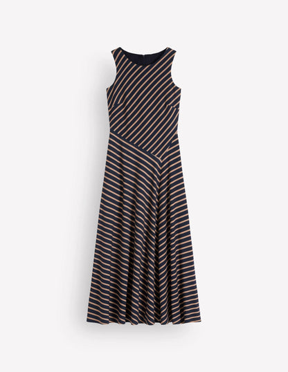 Asymetric Ponte Midi Dress-Navy and Camel Stripe