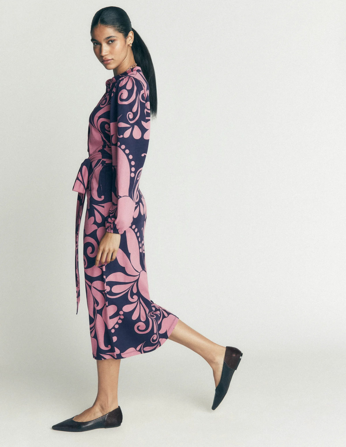 Eli Belted Jersey Midi Dress-Pink Heather, Floral Breeze