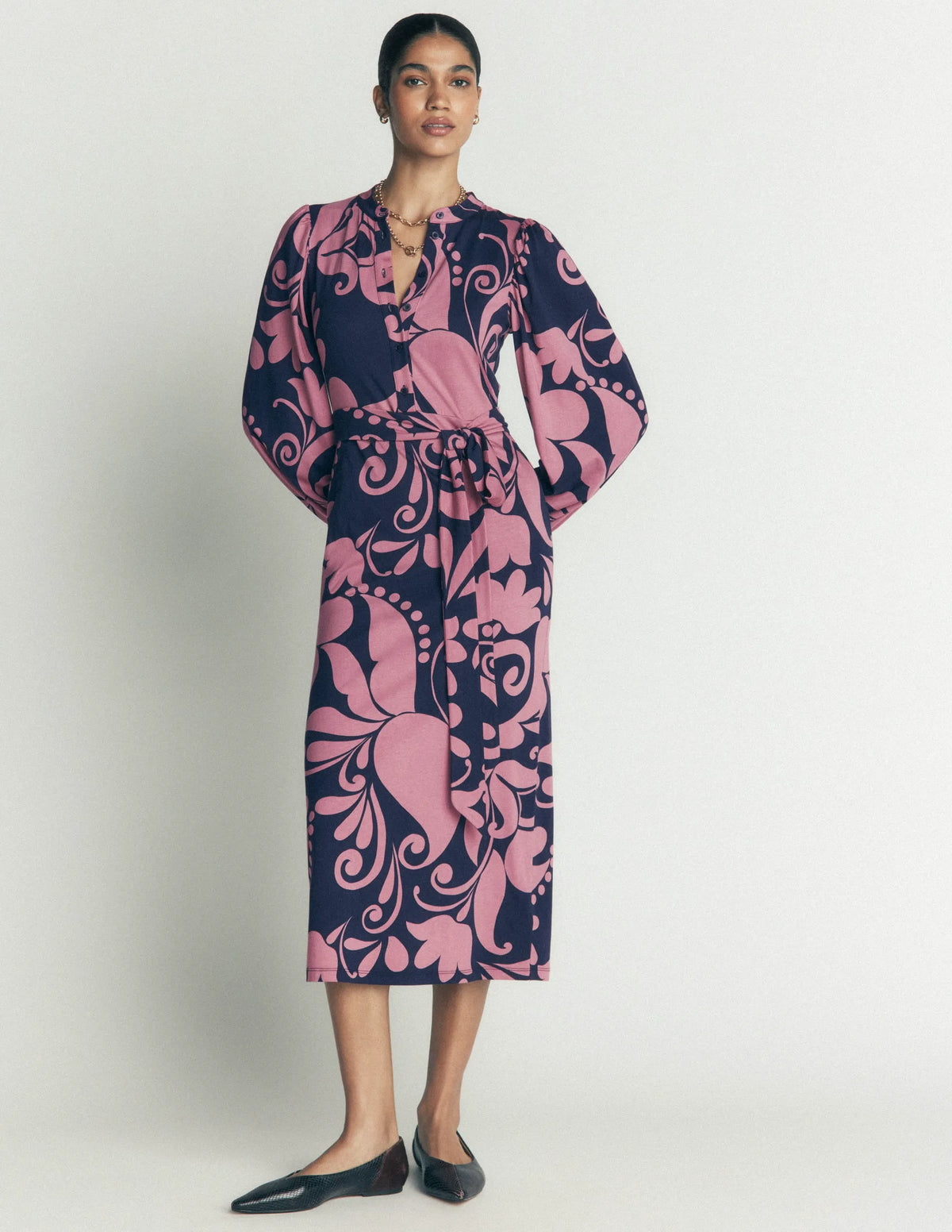 Eli Belted Jersey Midi Dress-Pink Heather, Floral Breeze
