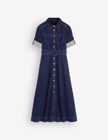 Denim Midi Shirt Dress-Indigo